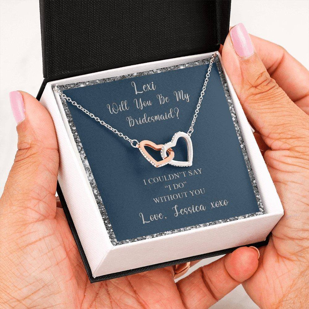 Interlocking Hearts Necklace With Will You Be My Bridesmaid? Navy-Slvr Personalized Insert CardCustomly Gifts