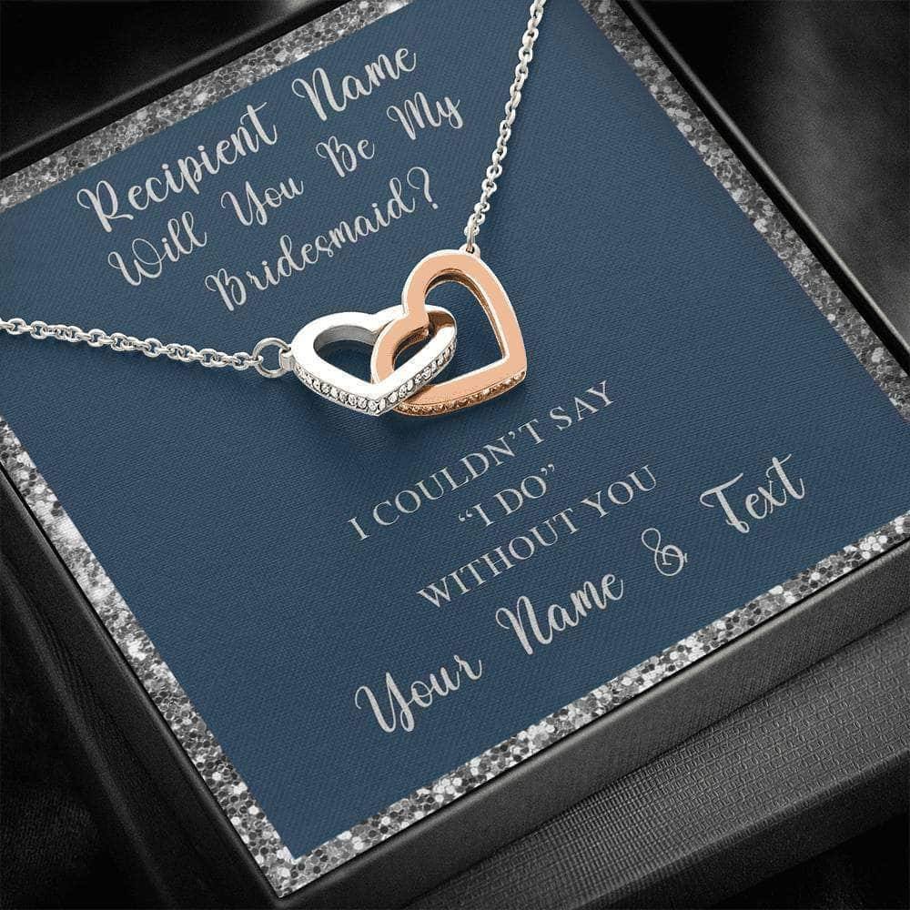 Interlocking Hearts Necklace With Will You Be My Bridesmaid? Navy-Slvr Personalized Insert CardCustomly Gifts