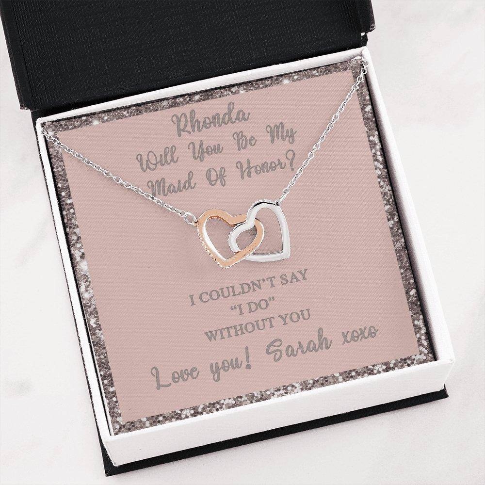 Interlocking Hearts Necklace With Will You Be My Maid Of Honor? Blush-Blush Personalized Insert CardCustomly Gifts