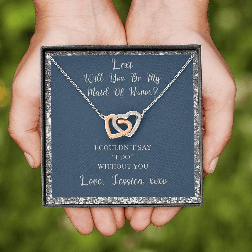 Interlocking Hearts Necklace With Will You Be My Maid Of Honor? Navy-Slvr Personalized Insert CardCustomly Gifts
