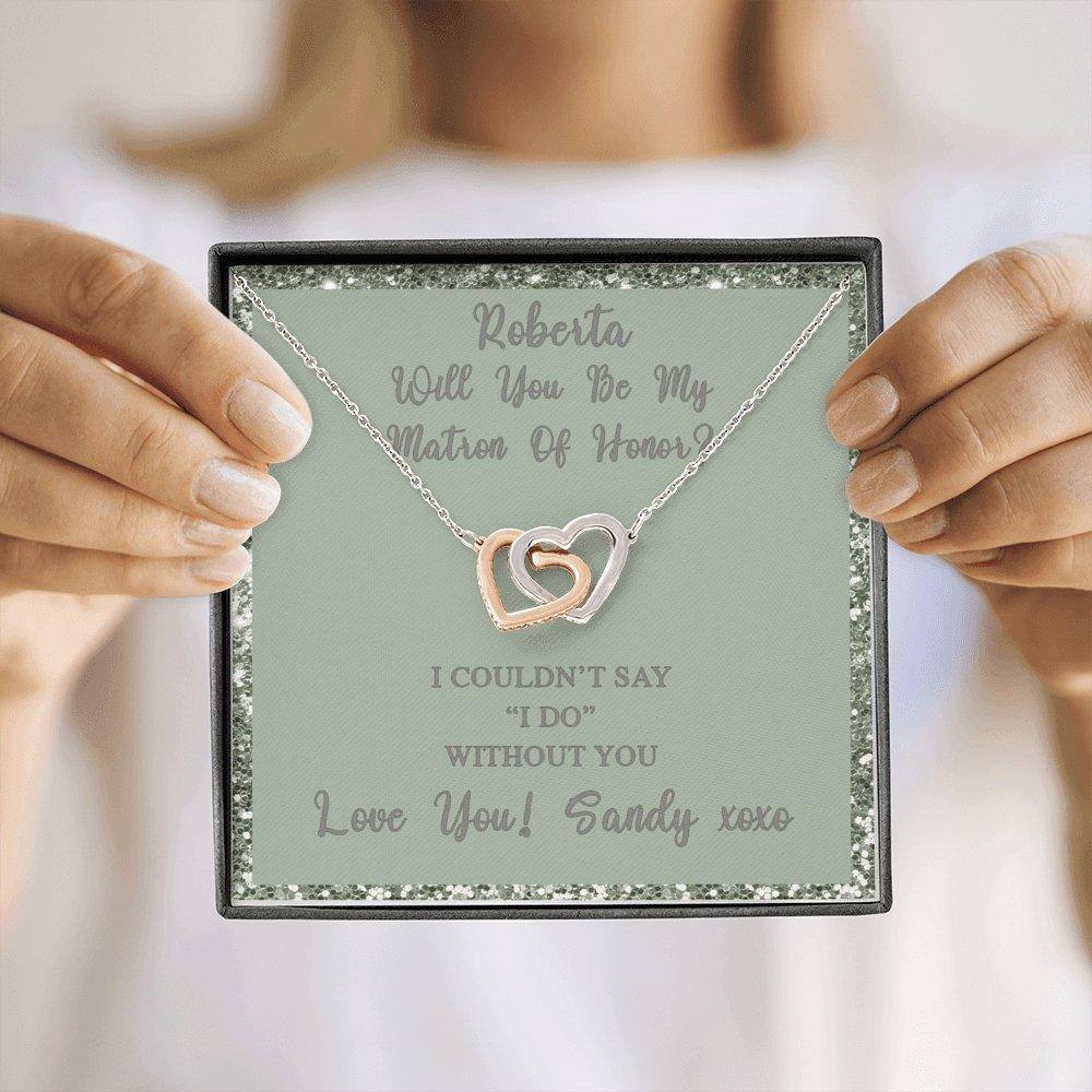 Interlocking Hearts Necklace With Will You Be My Matron Of Honor? Fawn-Grn Personalized Insert CardCustomly Gifts
