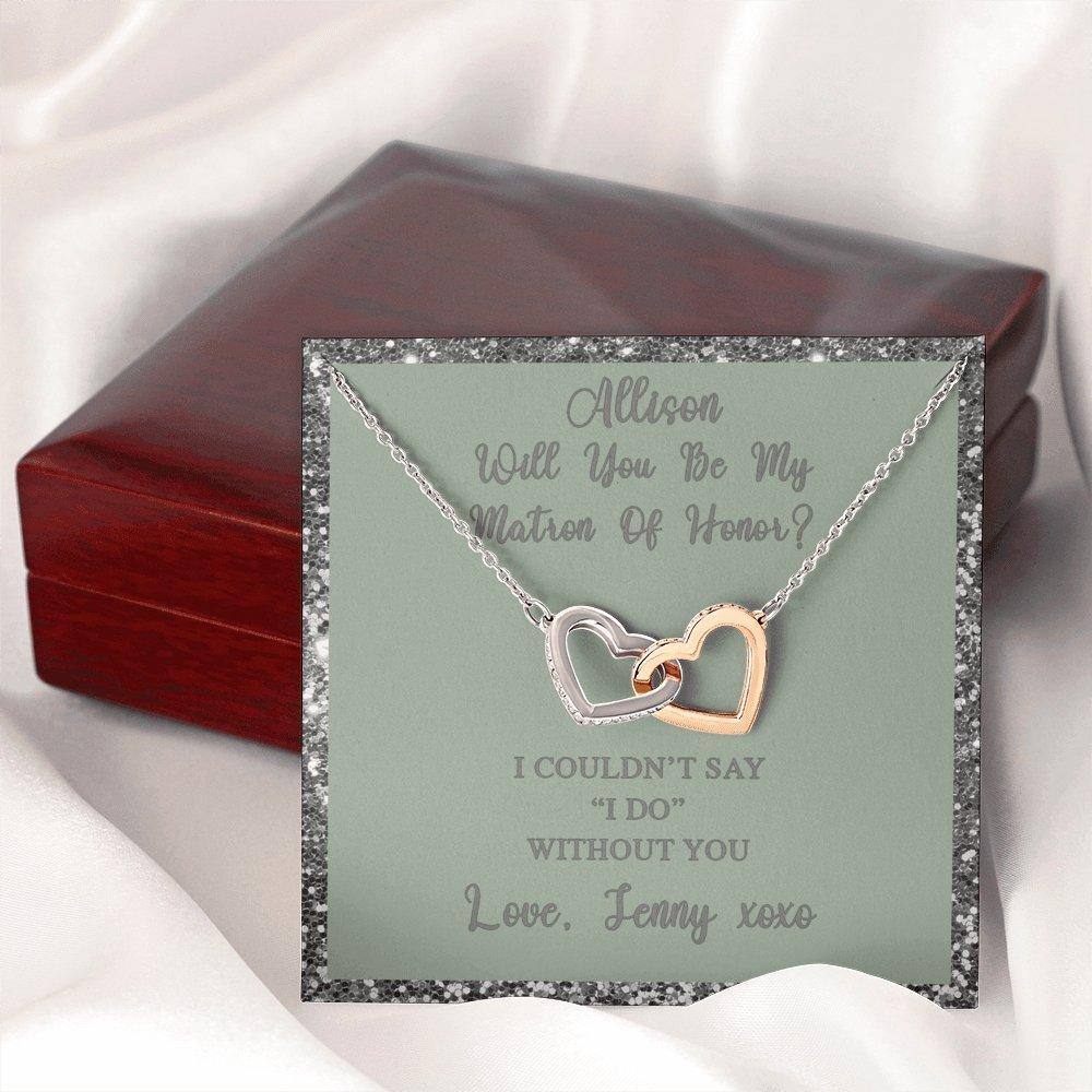 Interlocking Hearts Necklace With Will You Be My Matron Of Honor? Fawn-Slvr Personalized Insert CardCustomly Gifts