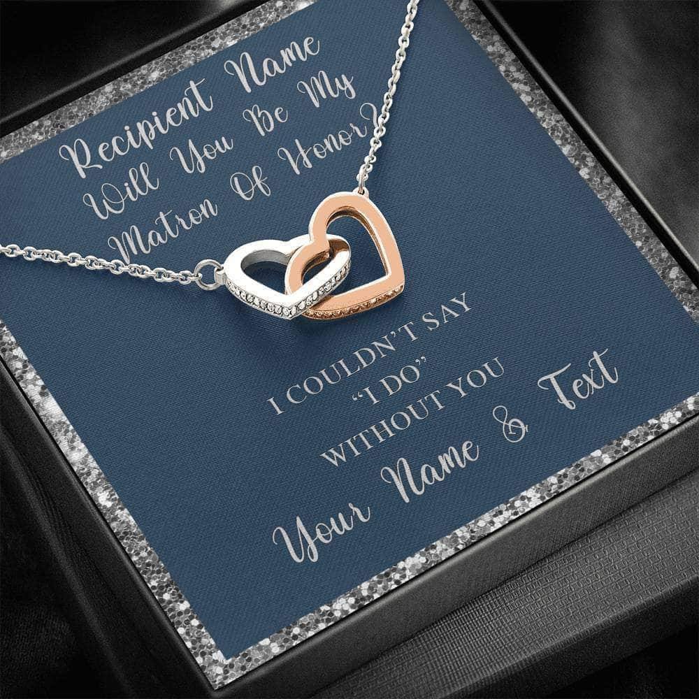 Interlocking Hearts Necklace With Will You Be My Matron Of Honor? Navy-Slvr Personalized Insert CardCustomly Gifts