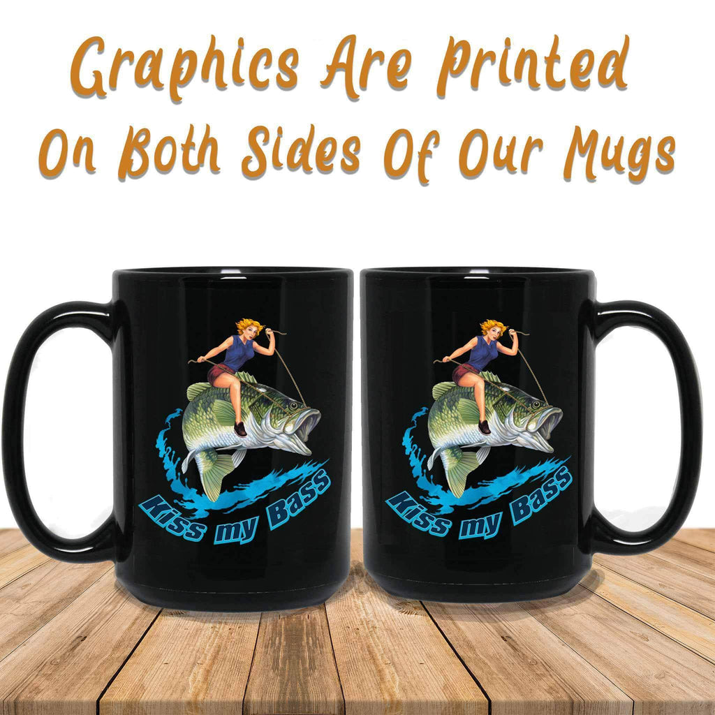Kiss My Bass Blonde Pin Up Girl Riding A Bass Fish Fishing Themed Black Coffee MugsCustomly Gifts