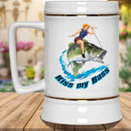 Kiss My Bass Blonde Pin Up Girl Riding A Bass Fish Fishing Themed White Beer MugCustomly Gifts