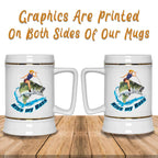 Kiss My Bass Blonde Pin Up Girl Riding A Bass Fish Fishing Themed White Beer MugCustomly Gifts