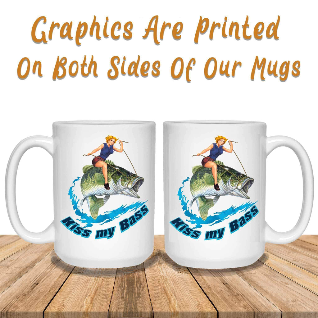 Kiss My Bass Blonde Pin Up Girl Riding A Bass Fish Fishing Themed White Coffee MugsCustomly Gifts