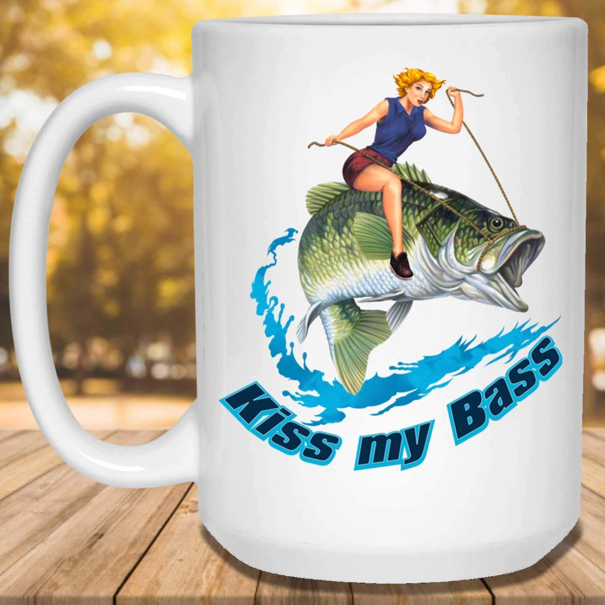 Kiss My Bass Blonde Pin Up Girl Riding A Bass Fish Fishing Themed White Coffee MugsCustomly Gifts