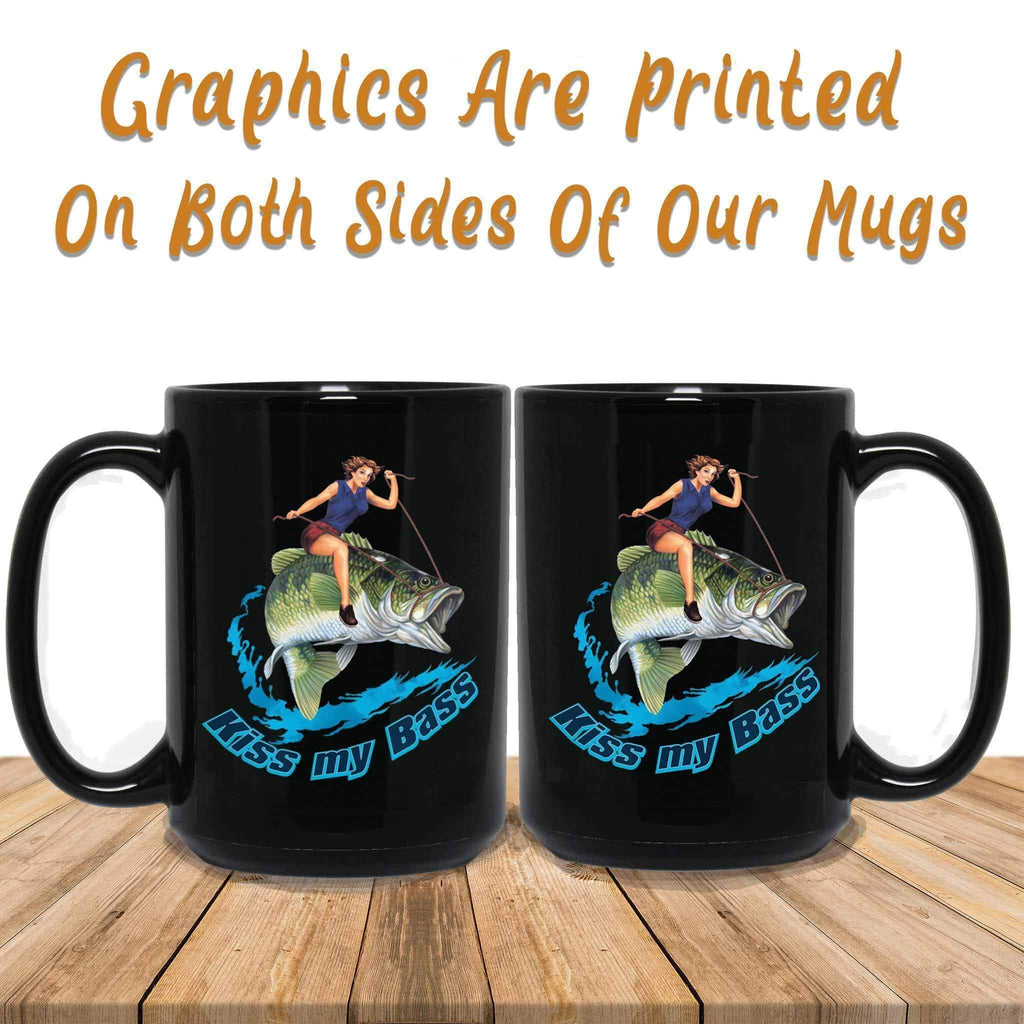 Kiss My Bass Brunette Pin Up Girl Riding A Bass Fish Fishing Themed Black Coffee MugsCustomly Gifts