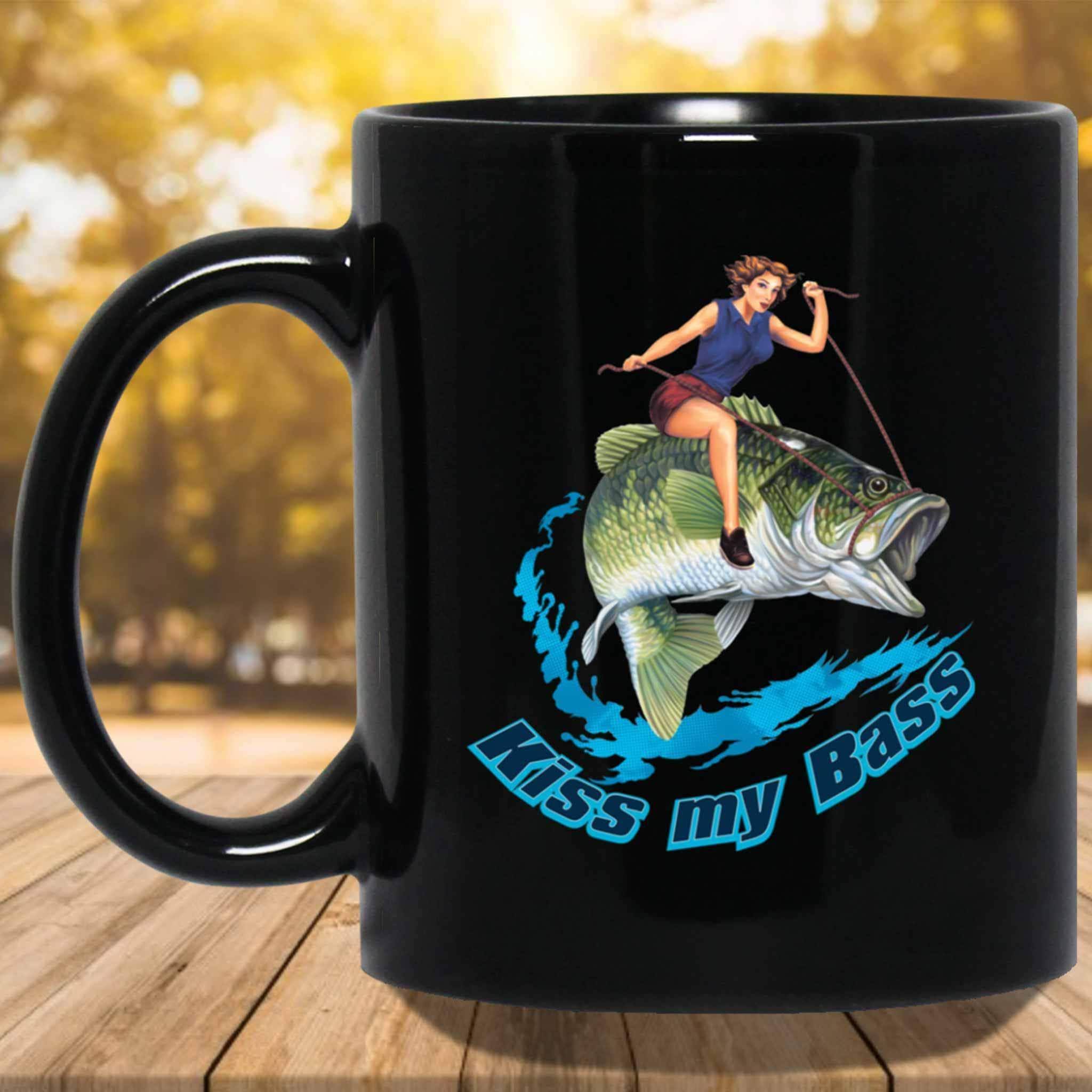 Kiss My Bass Brunette Pin Up Girl Riding A Bass Fish Fishing Themed Black Coffee MugsCustomly Gifts