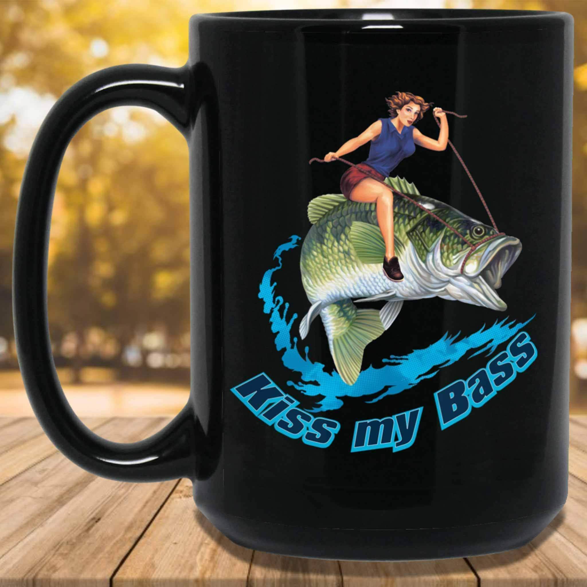 Kiss My Bass Brunette Pin Up Girl Riding A Bass Fish Fishing Themed Black Coffee MugsCustomly Gifts