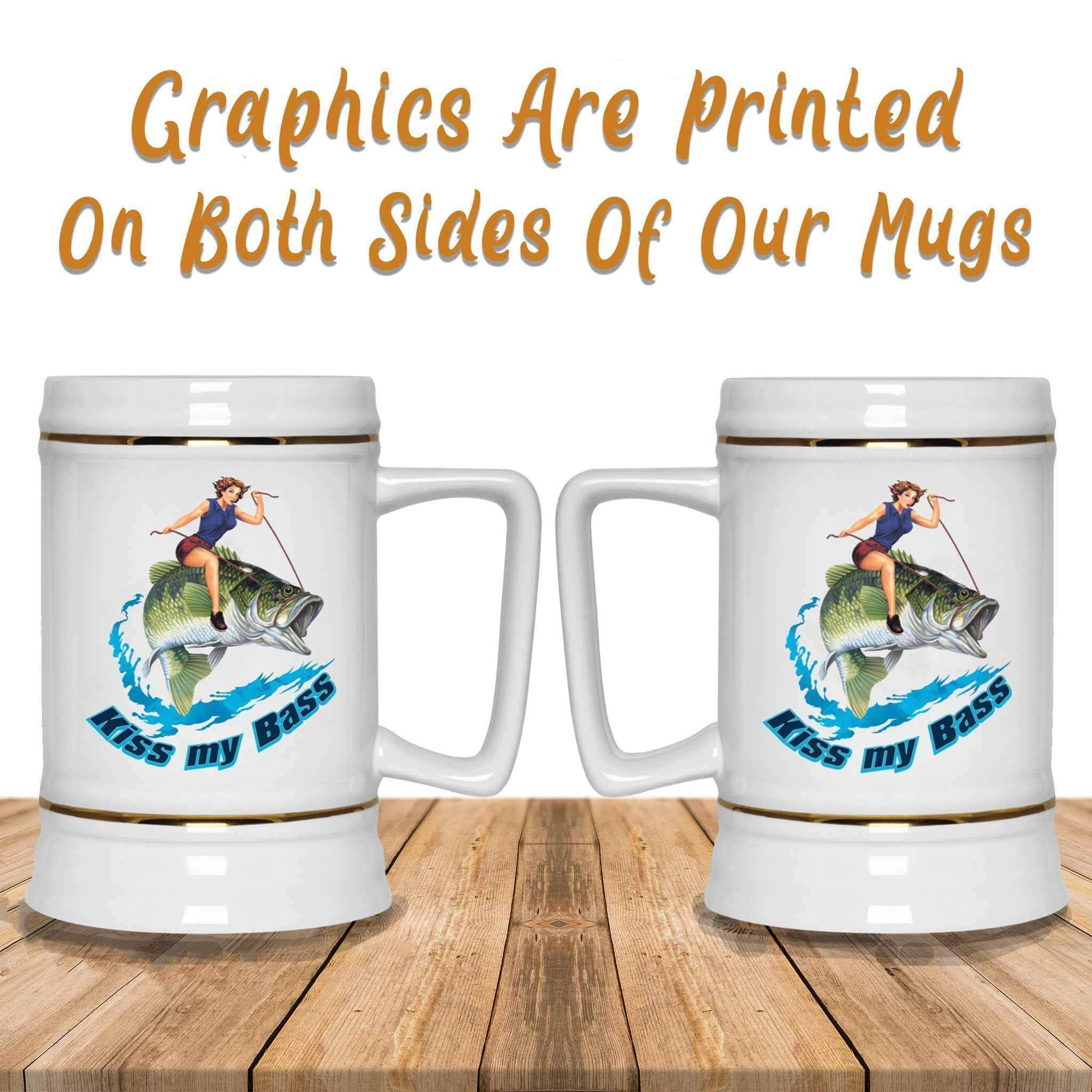 Kiss My Bass Brunette Pin Up Girl Riding A Bass Fish Fishing Themed White Beer MugCustomly Gifts