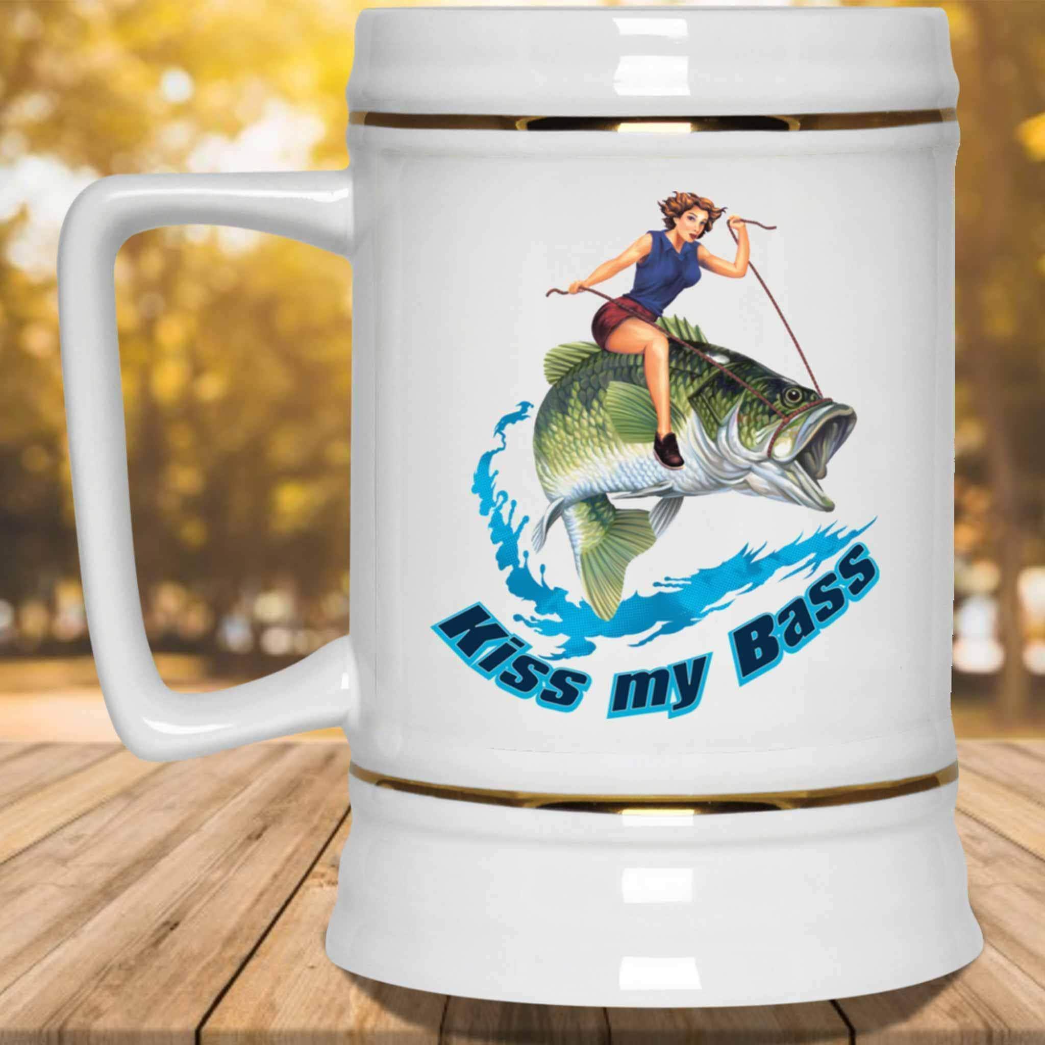Kiss My Bass Brunette Pin Up Girl Riding A Bass Fish Fishing Themed White Beer MugCustomly Gifts