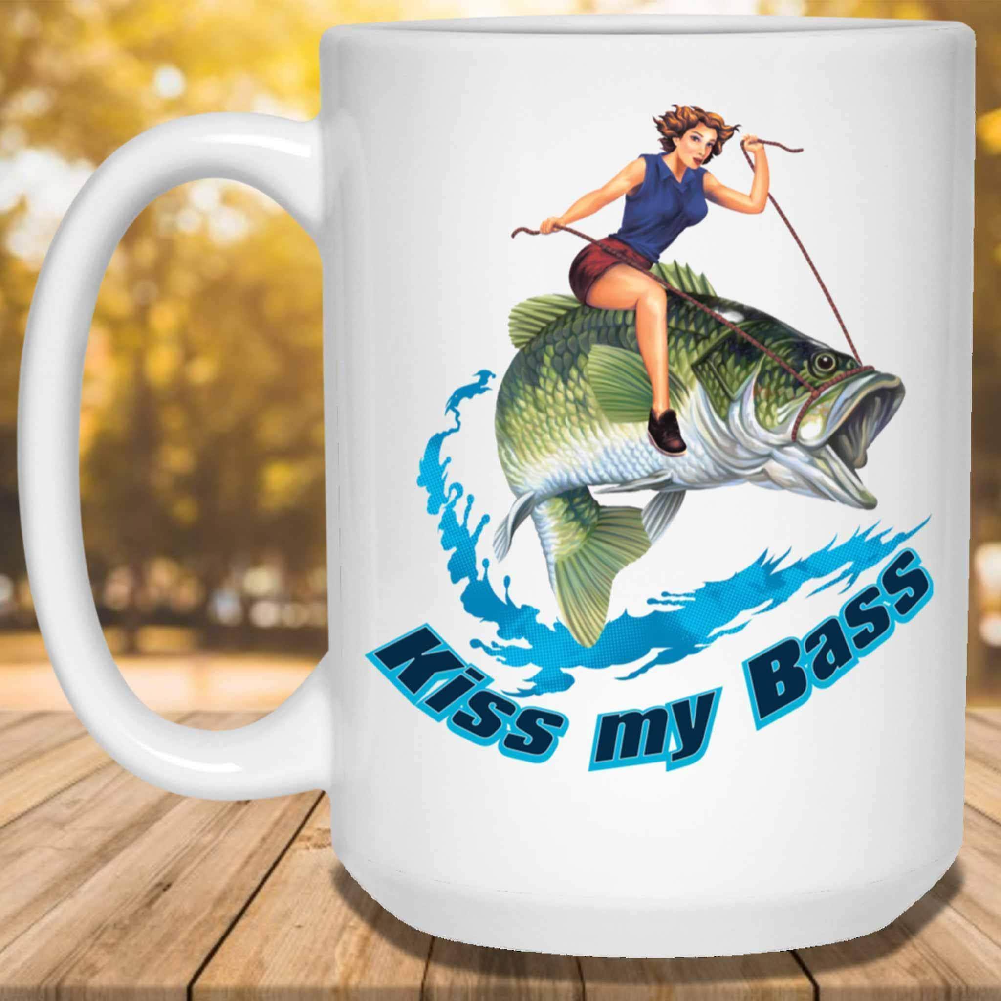 Kiss My Bass Brunette Pin Up Girl Riding A Bass Fish Fishing Themed White Coffee MugsCustomly Gifts