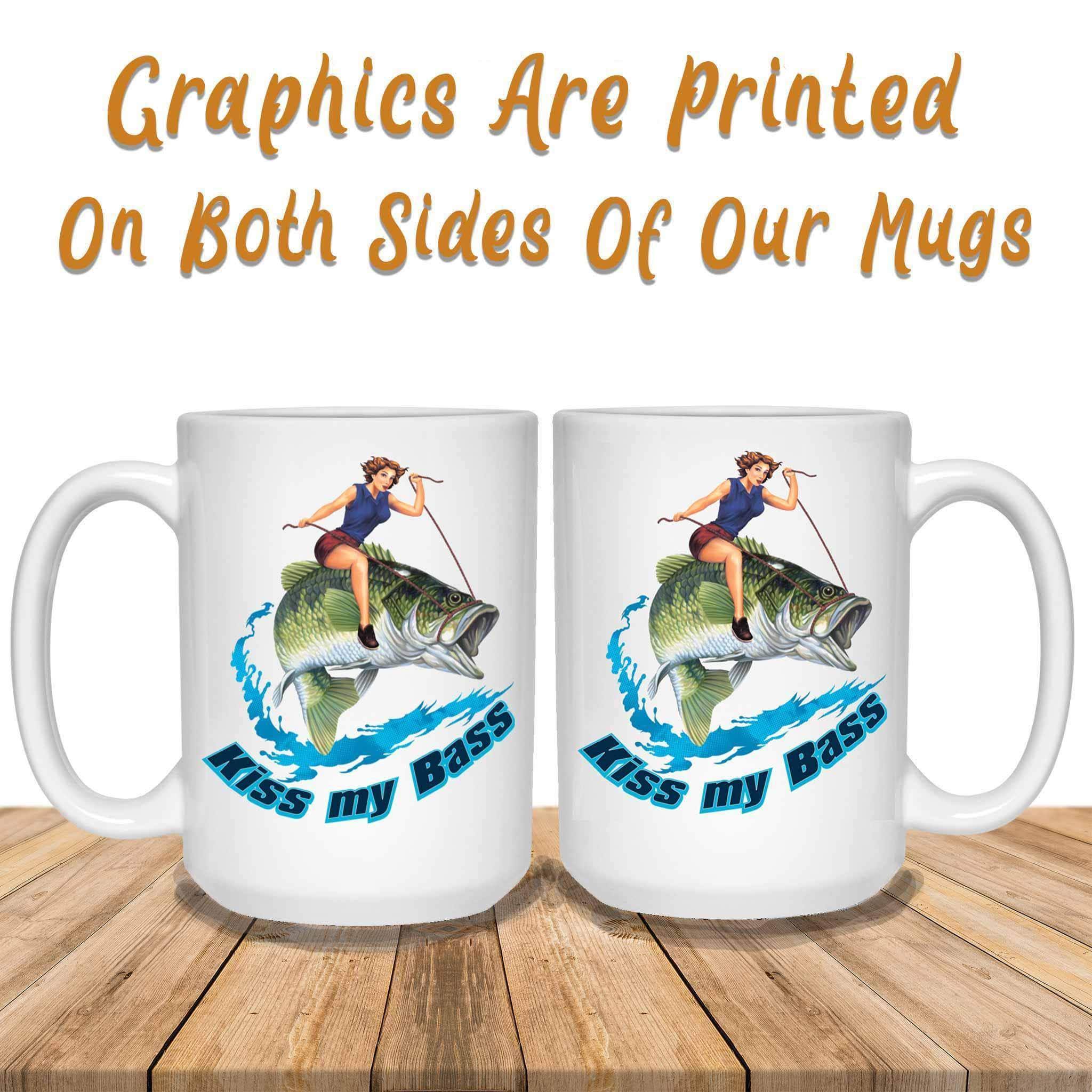 Kiss My Bass Brunette Pin Up Girl Riding A Bass Fish Fishing Themed White Coffee MugsCustomly Gifts