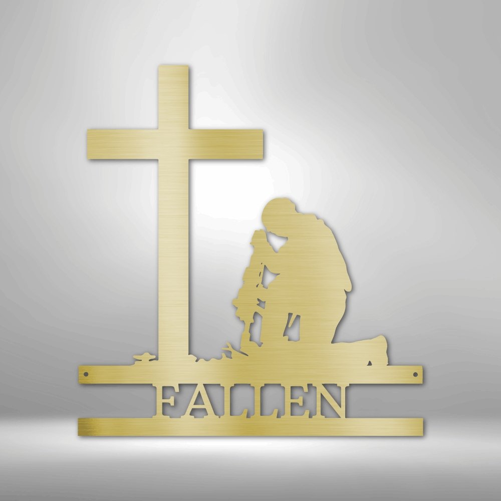 Kneeling Soldier Cross Personalized Name Text Steel SignCustomly Gifts