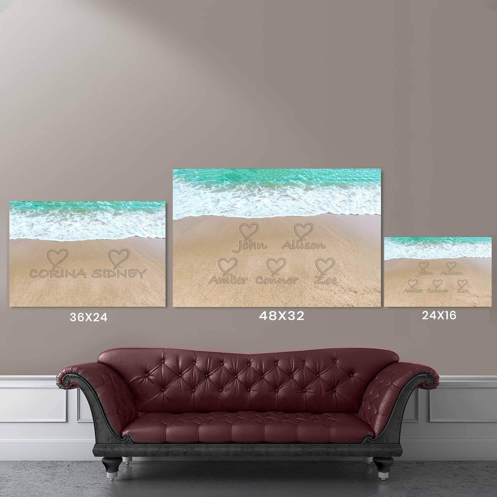 Light Sandy Tropical Beach Written In The Sand Multiple Names & Hearts Personalized CanvasCustomly Gifts