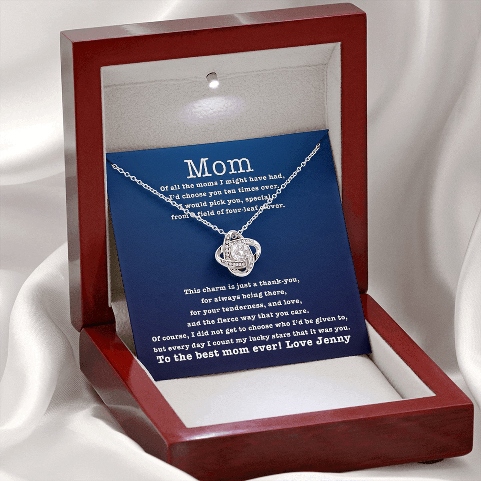 Love Knot Necklace Mom I Count My Lucky Stars Personalized Insert Card (blue)Customly Gifts
