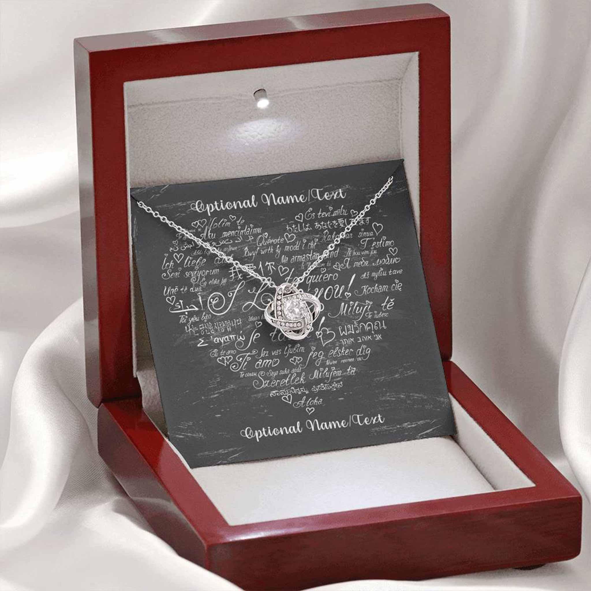 Love Knot Necklace With I Love You In Multiple Languages Personalized Insert CardCustomly Gifts