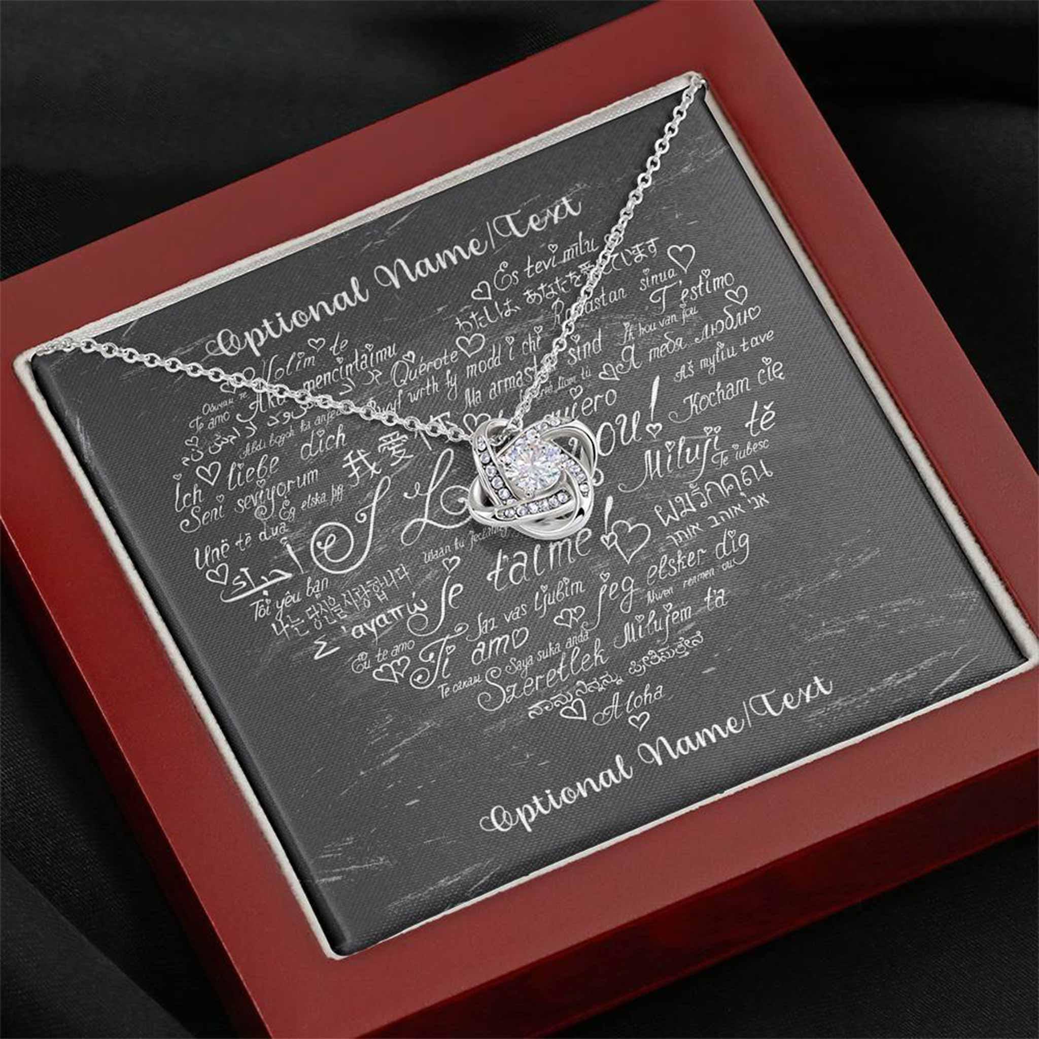 Love Knot Necklace With I Love You In Multiple Languages Personalized Insert CardCustomly Gifts