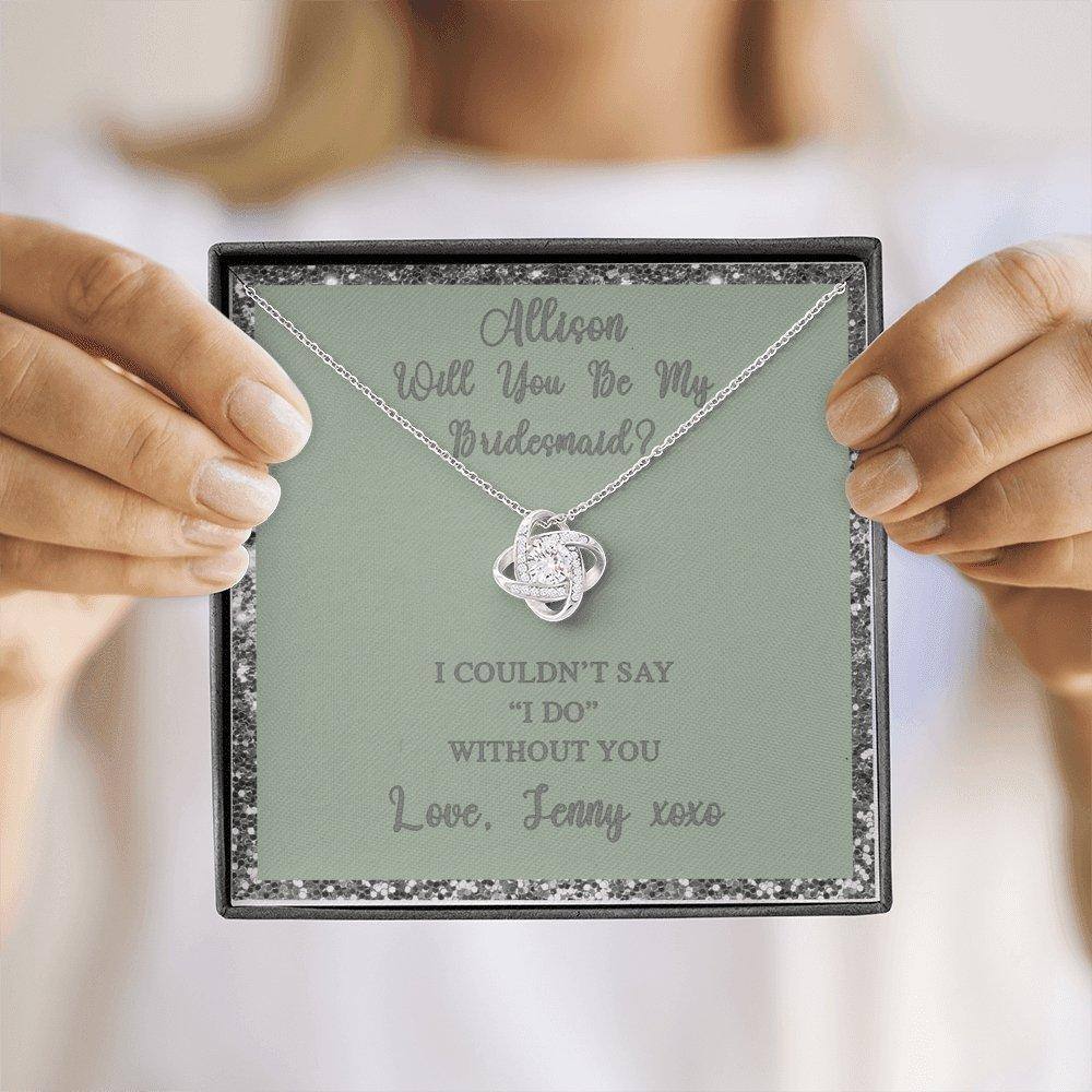 Love Knot Necklace With Will You Be My Bridesmaid? Fawn-Slvr Personalized Insert CardCustomly Gifts