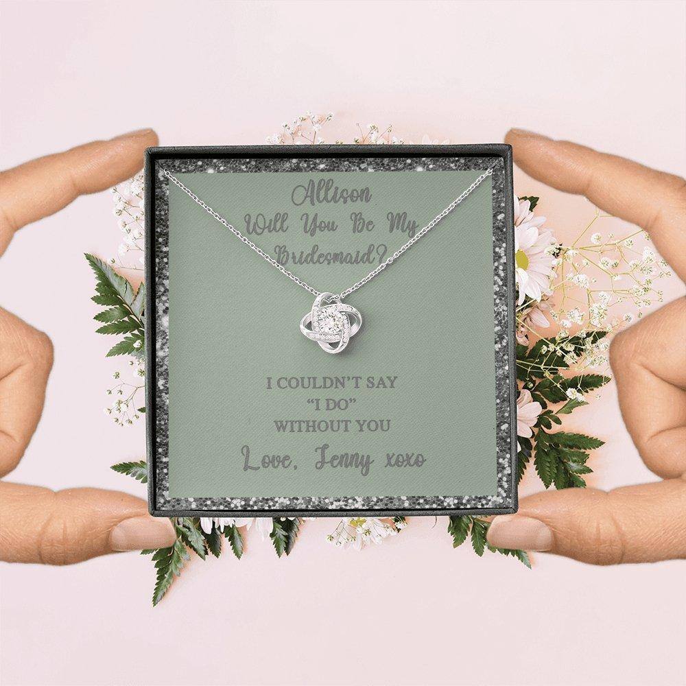 Love Knot Necklace With Will You Be My Bridesmaid? Fawn-Slvr Personalized Insert CardCustomly Gifts