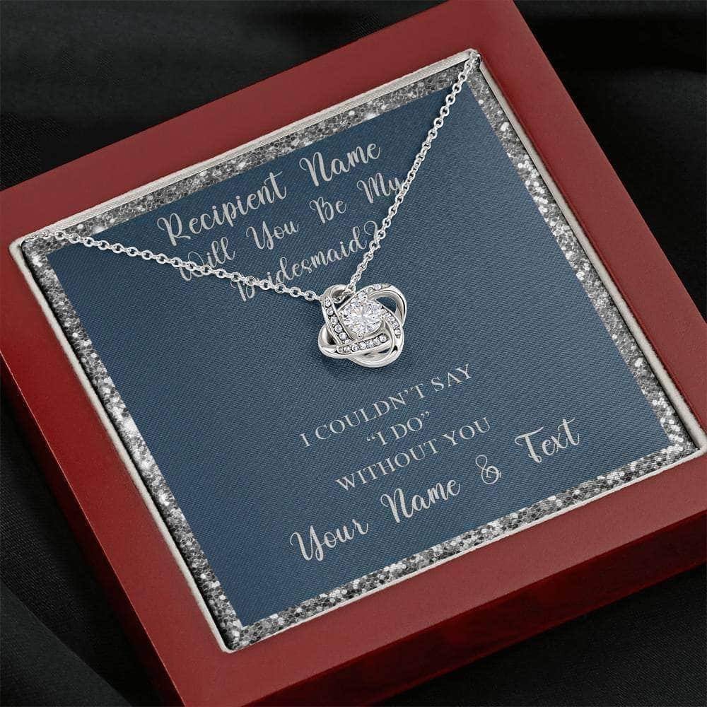 Love Knot Necklace With Will You Be My Bridesmaid? Navy-Slvr Personalized Insert CardCustomly Gifts