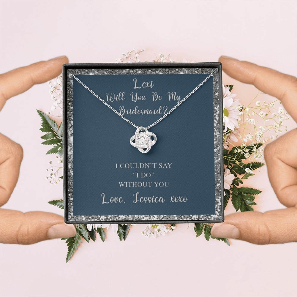 Love Knot Necklace With Will You Be My Bridesmaid? Navy-Slvr Personalized Insert CardCustomly Gifts