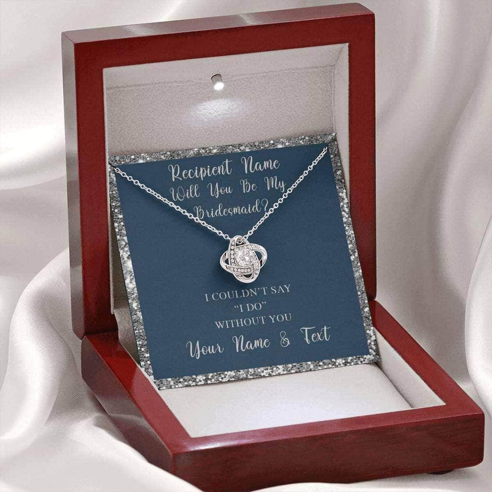Love Knot Necklace With Will You Be My Bridesmaid? Navy-Slvr Personalized Insert CardCustomly Gifts