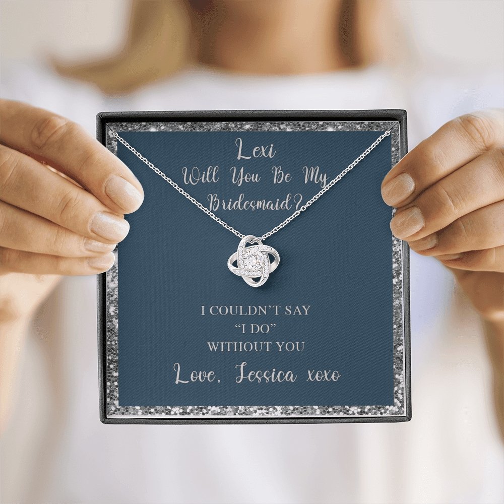 Love Knot Necklace With Will You Be My Bridesmaid? Navy-Slvr Personalized Insert CardCustomly Gifts