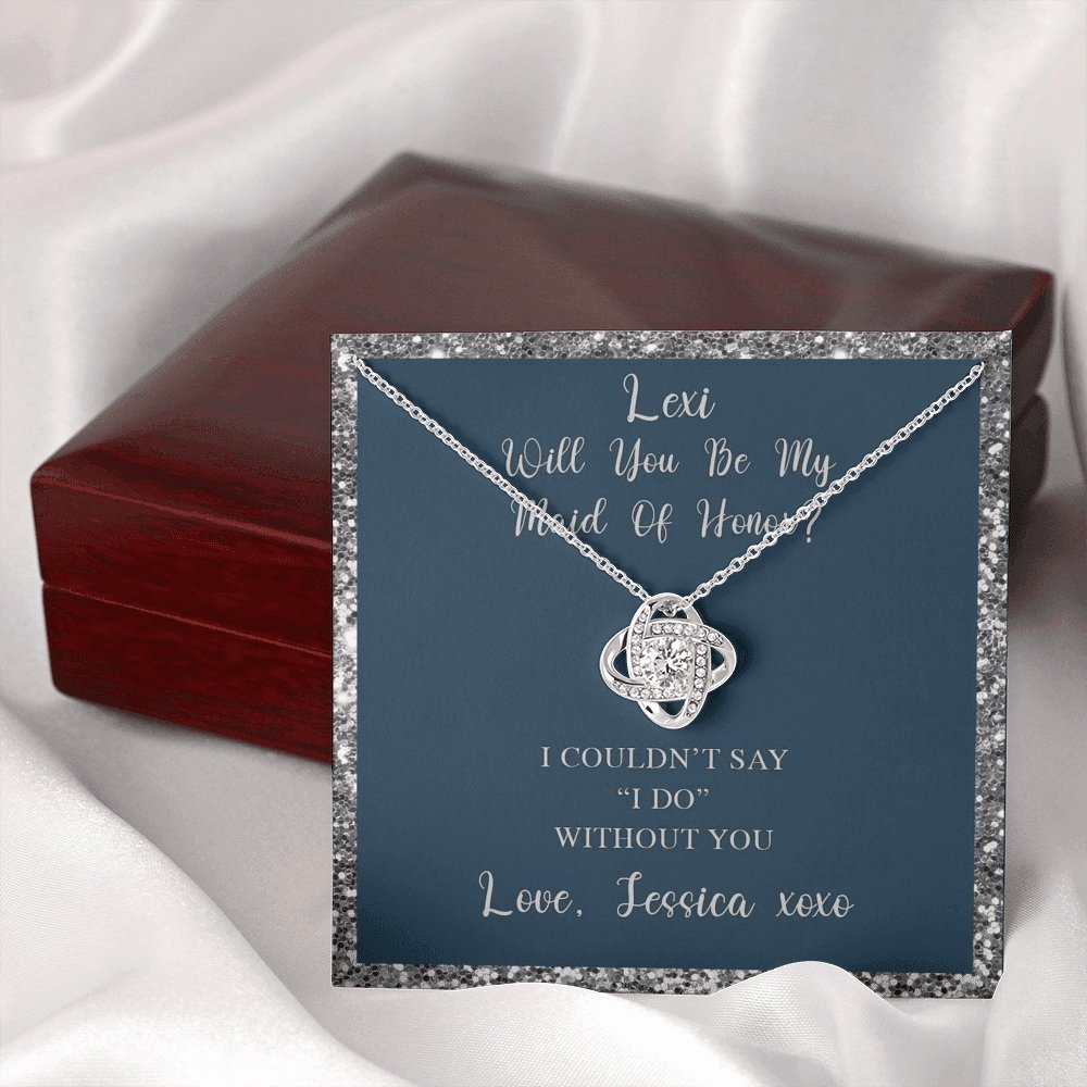 Love Knot Necklace With Will You Be My Maid Of Honor? Navy-Slvr Personalized Insert CardCustomly Gifts