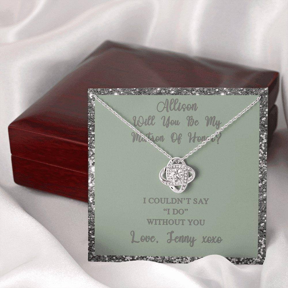 Love Knot Necklace With Will You Be My Matron Of Honor? Fawn-Slvr Personalized Insert CardCustomly Gifts