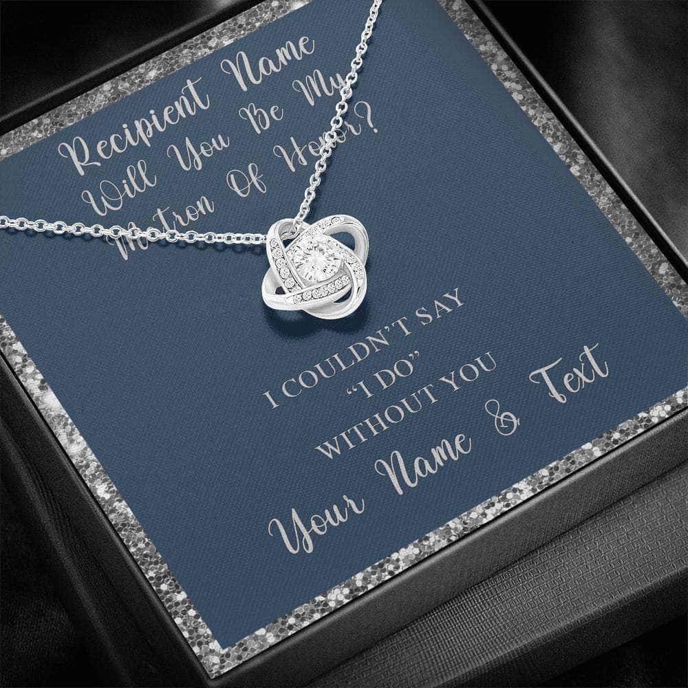 Love Knot Necklace With Will You Be My Matron Of Honor? Navy-Slvr Personalized Insert CardCustomly Gifts