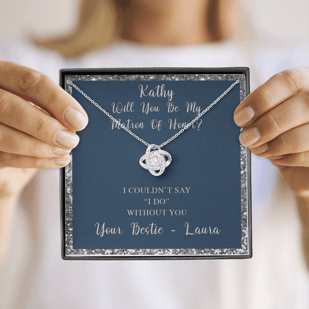 Love Knot Necklace With Will You Be My Matron Of Honor? Navy-Slvr Personalized Insert CardCustomly Gifts