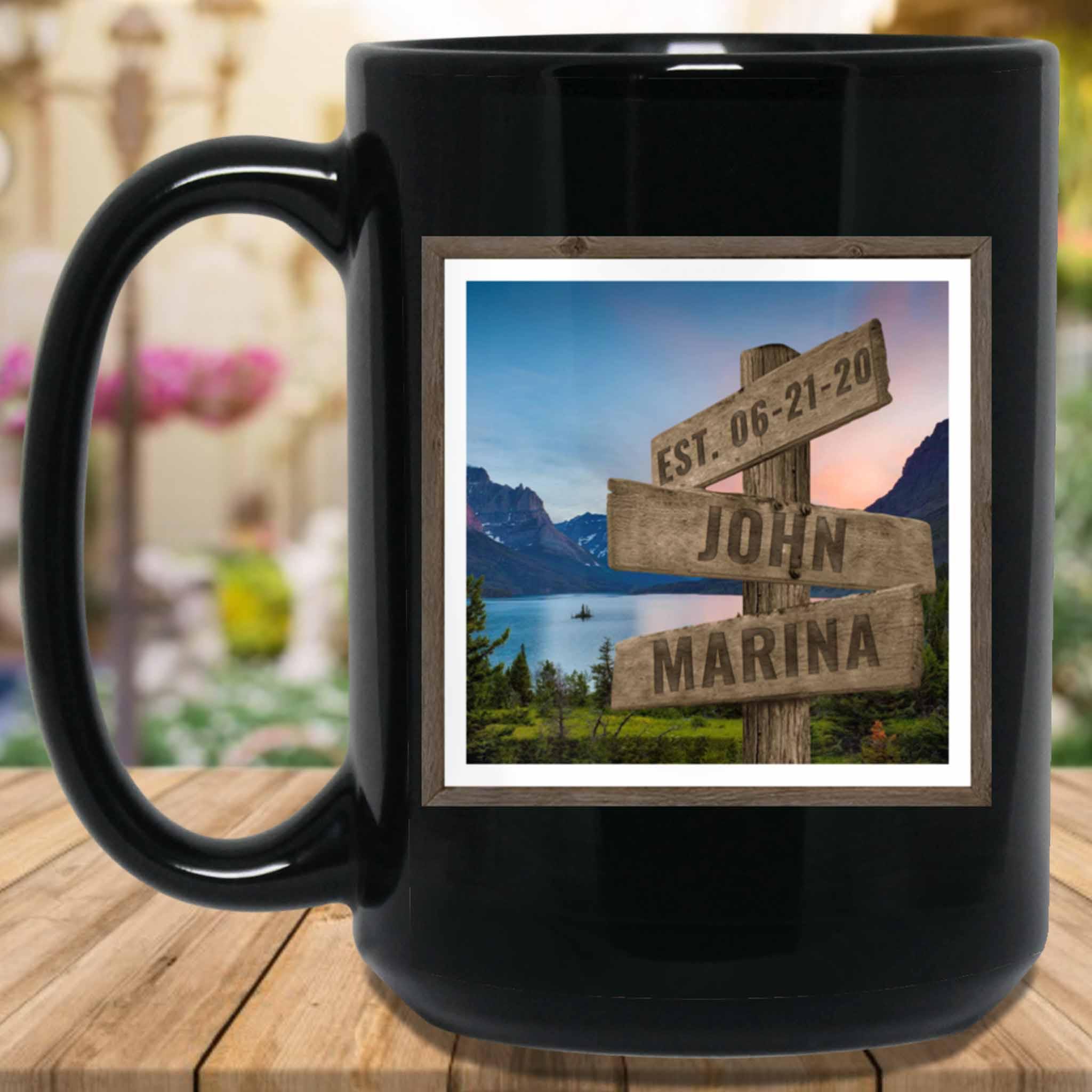 Mountain and Lake v1 Personalized Multi-Names Directional Sign MugCustomly Gifts