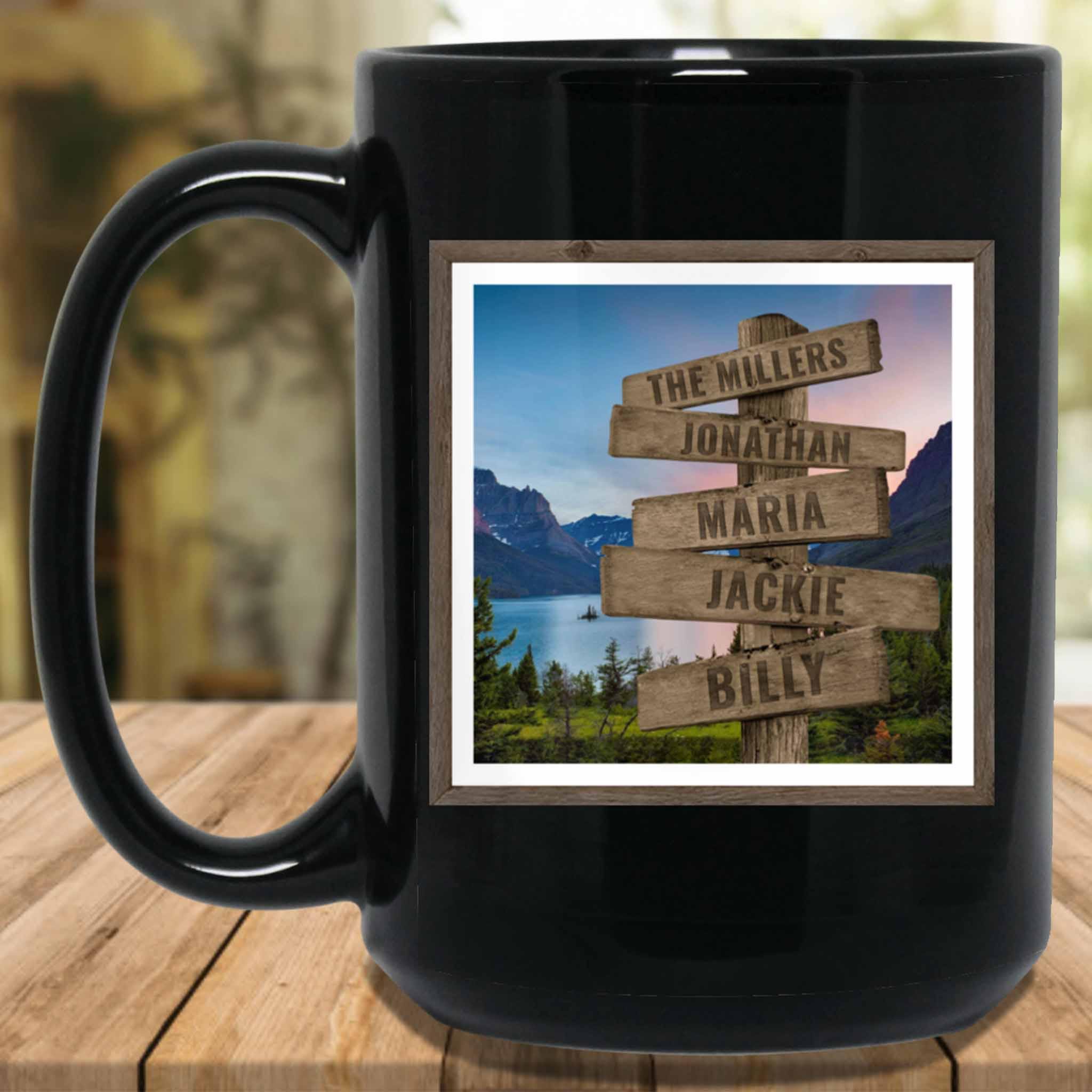 Mountain and Lake v1 Personalized Multi-Names Directional Sign MugCustomly Gifts
