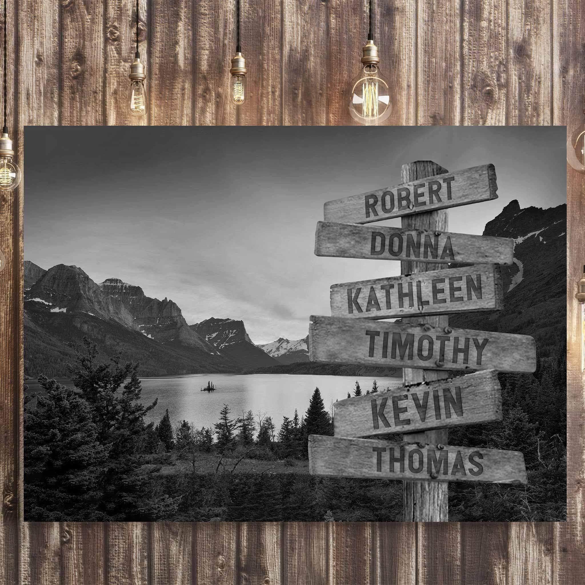 Mountain & Lake v1 Black & White Multiple Names Personalized Directional Sign CanvasCustomly Gifts