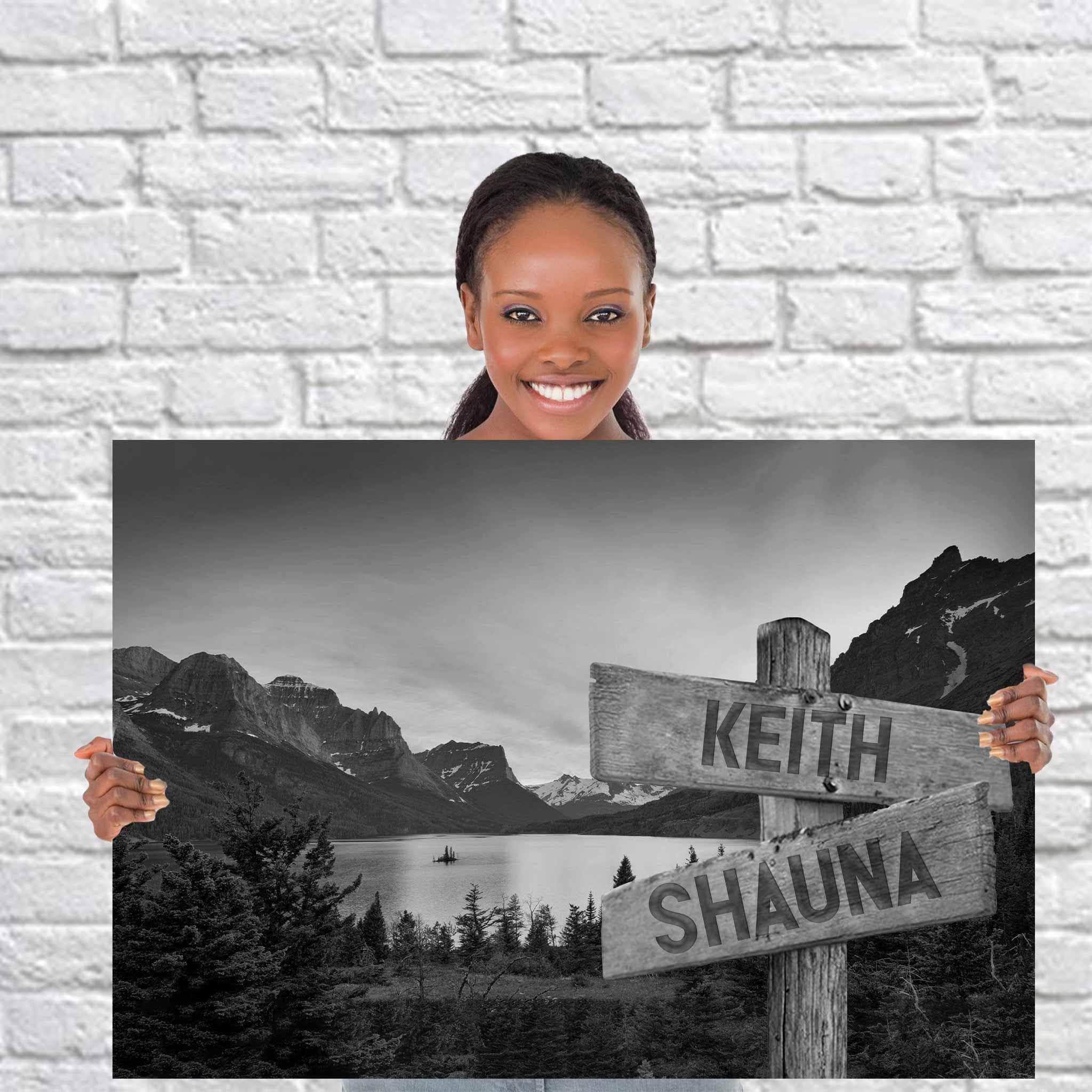 Mountain & Lake v1 Black & White Multiple Names Personalized Directional Sign CanvasCustomly Gifts