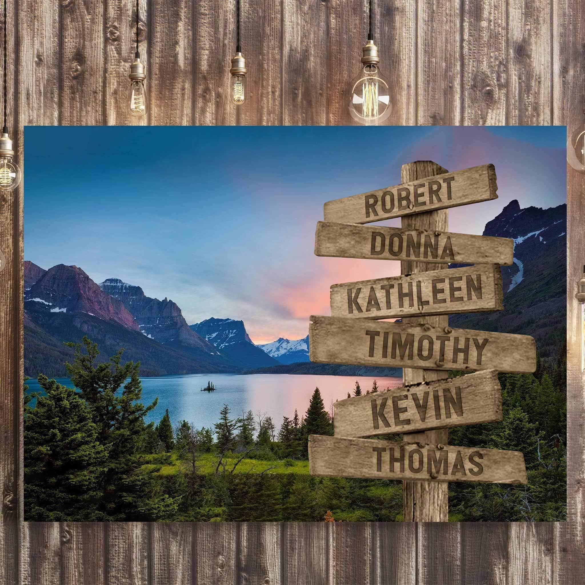 Mountain & Lake v1 Color Multiple Names Personalized Directional Sign CanvasCustomly Gifts