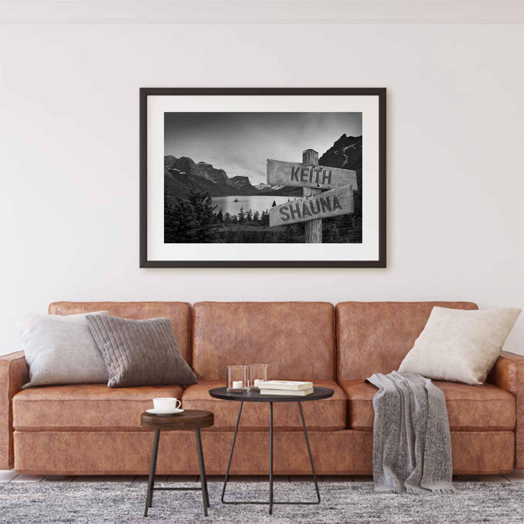 Mountains and Lake v1 B&W Multiple Names Personalized Directional Sign PosterCustomly Gifts