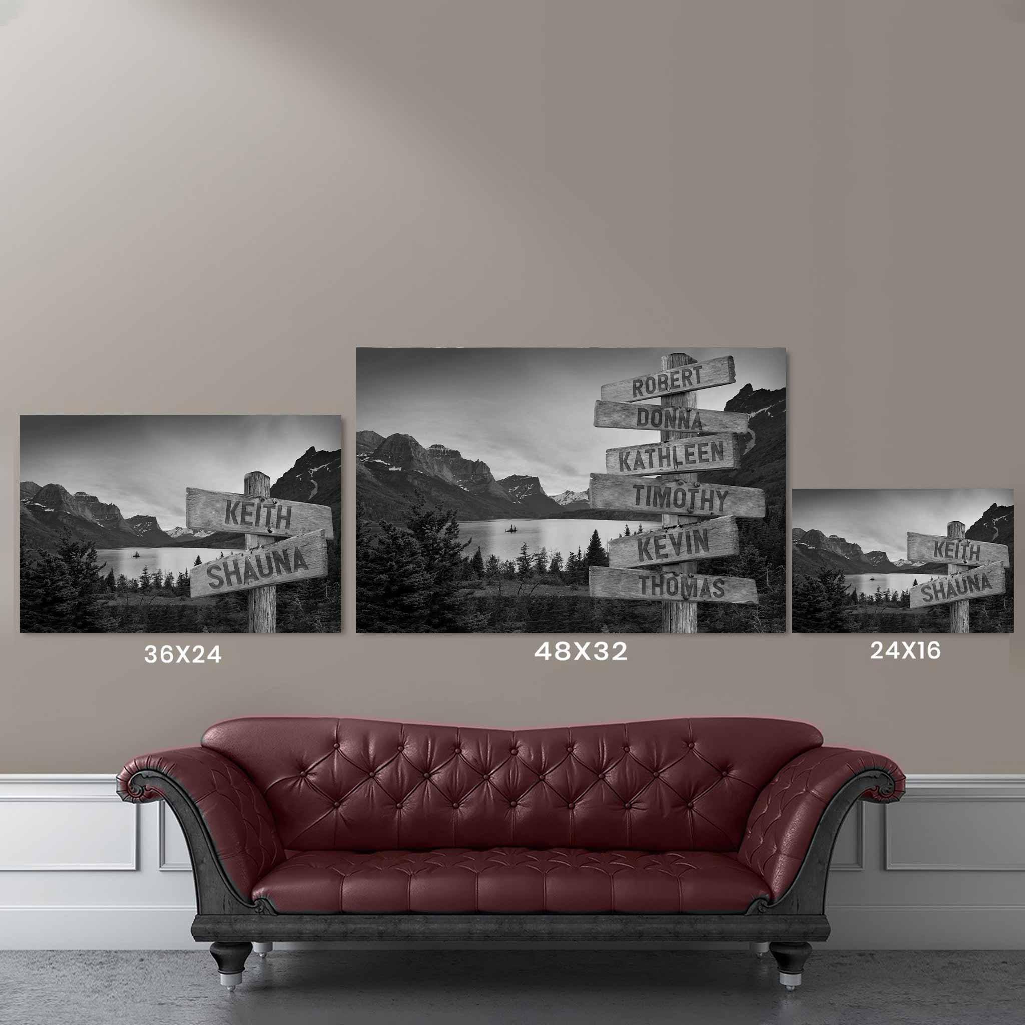 Mountains and Lake v1 B&W Multiple Names Personalized Directional Sign PosterCustomly Gifts