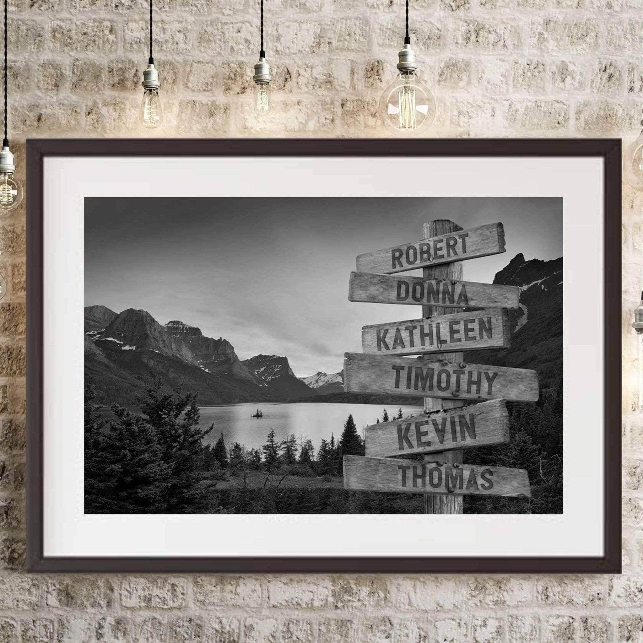 Mountains and Lake v1 B&W Multiple Names Personalized Directional Sign PosterCustomly Gifts