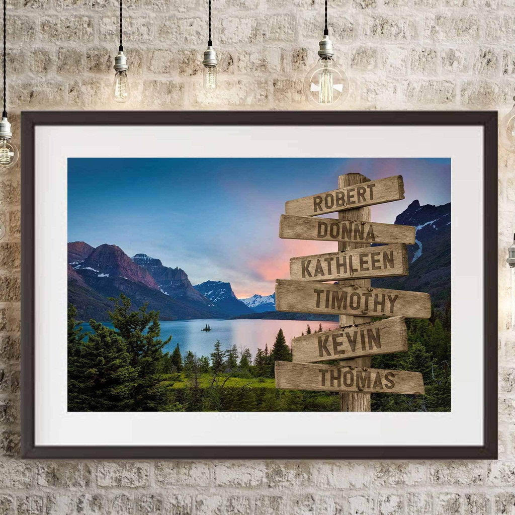 Mountains and Lake v1 Color Multiple Names Personalized Directional Sign PosterCustomly Gifts