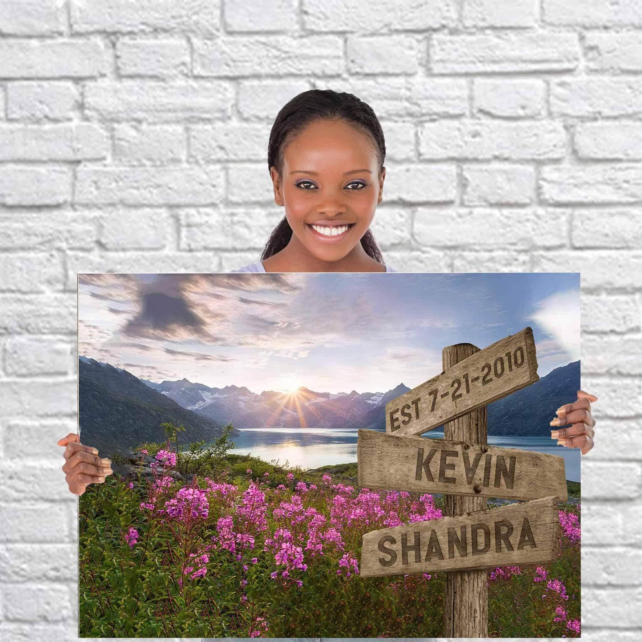 Mountains Lake And Field Of Wildflowers V2 Multiple Names Personalized Directional Sign CanvasCustomly Gifts