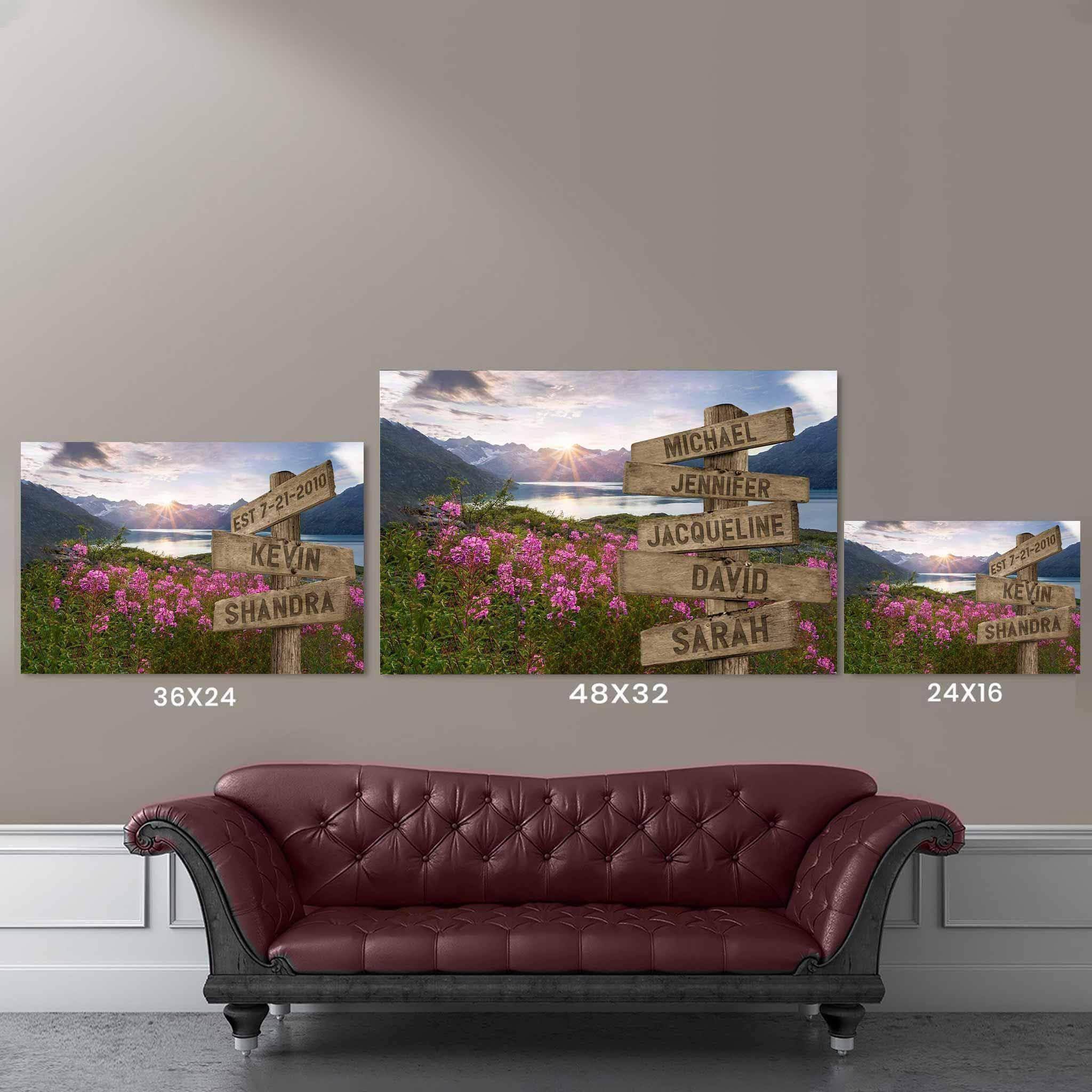 Mountains Lake And Field Of Wildflowers V2 Multiple Names Personalized Directional Sign CanvasCustomly Gifts