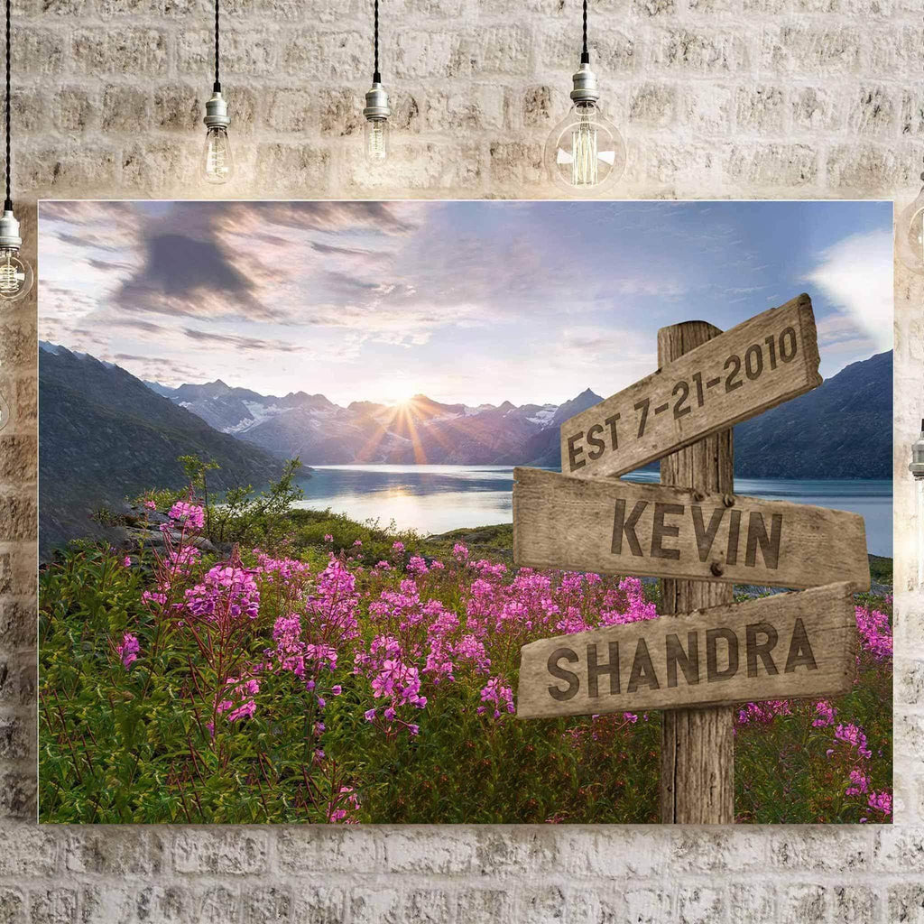 Mountains Lake And Field Of Wildflowers V2 Multiple Names Personalized Directional Sign CanvasCustomly Gifts