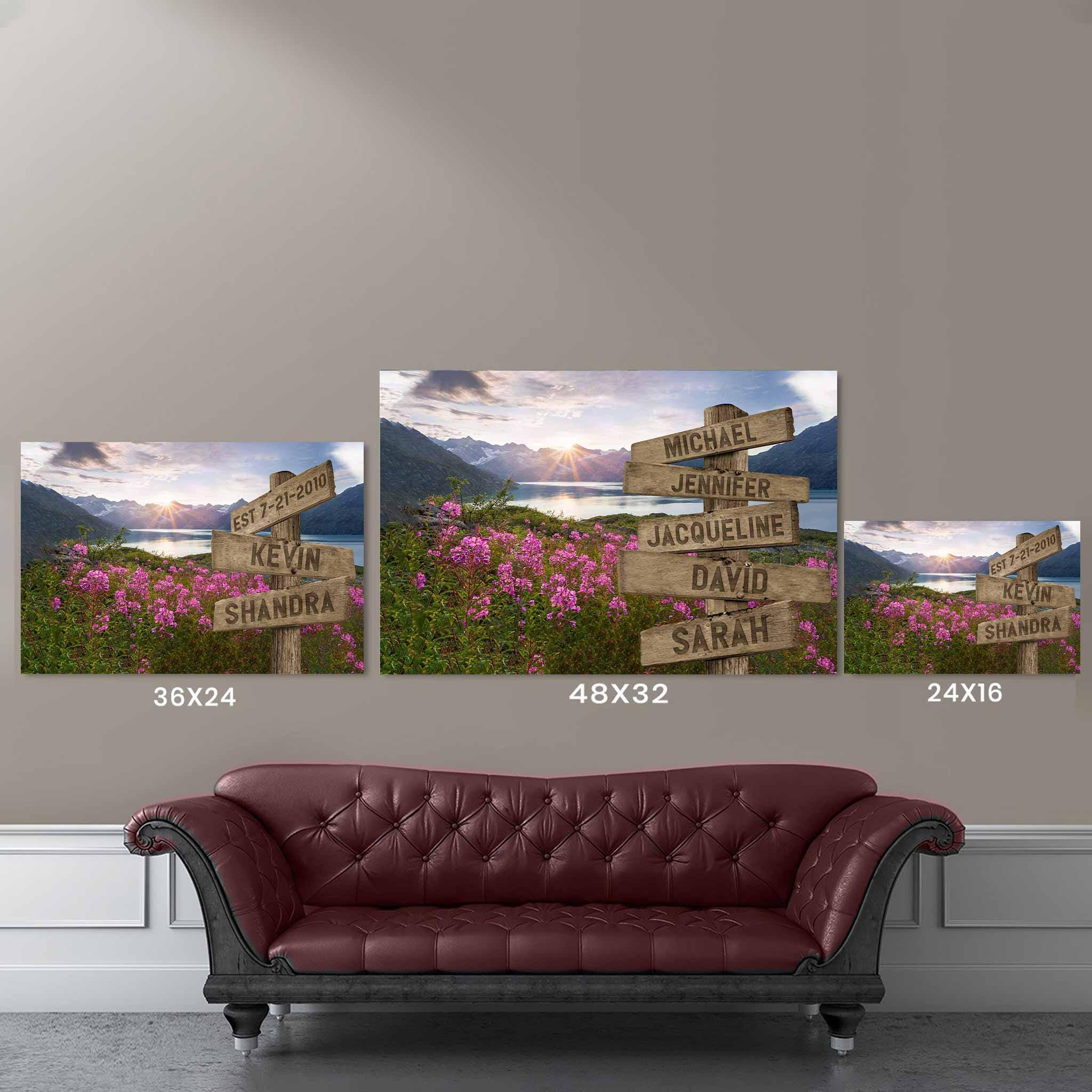 Mountains Lake and Field of Wildflowers v2 Multiple Names Personalized Directional Sign PosterCustomly Gifts