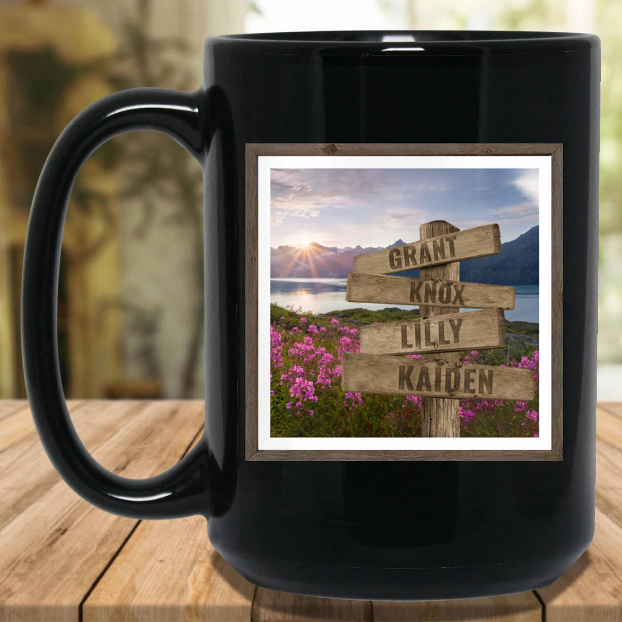 Mountains Lake Field Of Wildflowers v1 Personalized Multi-Names Directional Sign MugCustomly Gifts