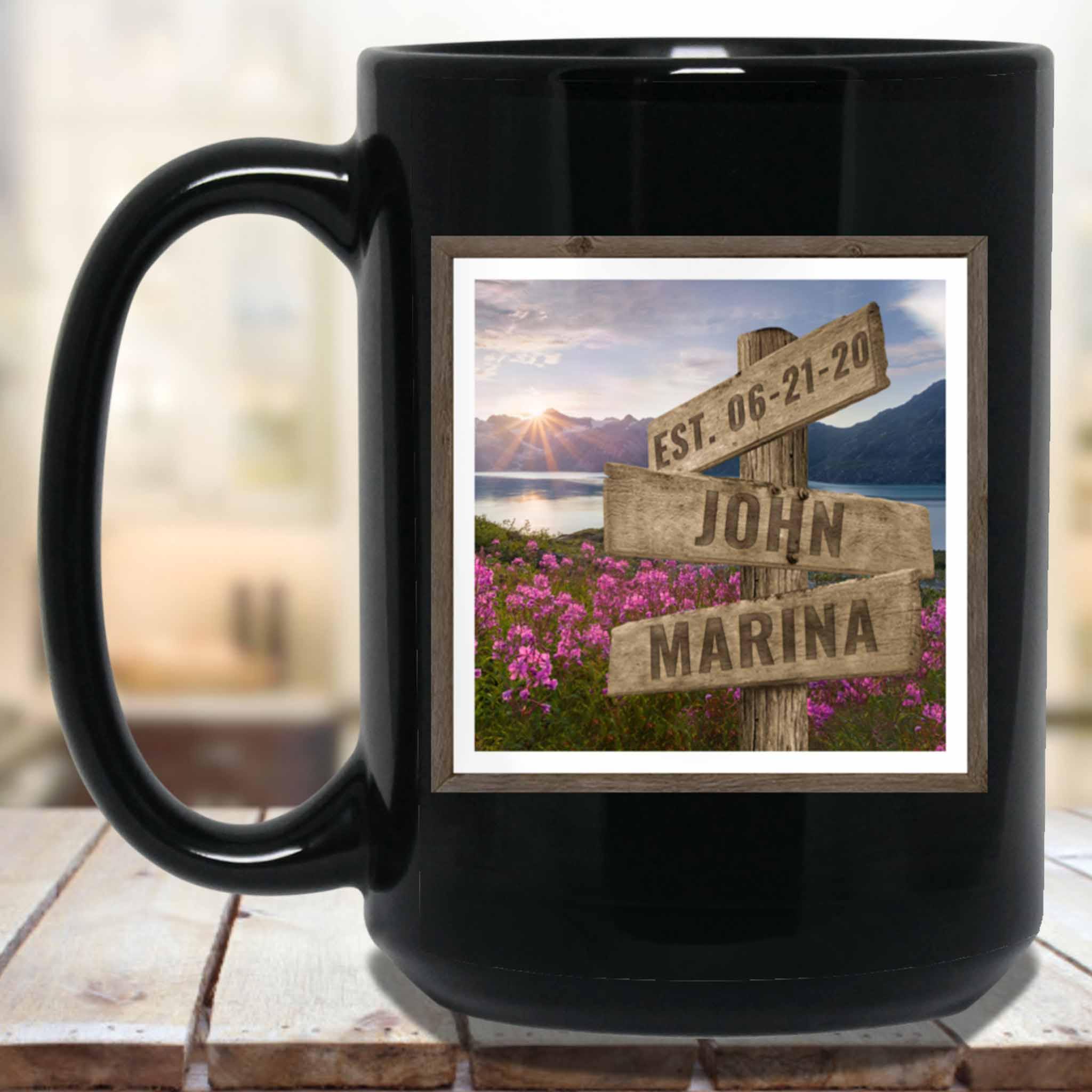 Mountains Lake Field Of Wildflowers v1 Personalized Multi-Names Directional Sign MugCustomly Gifts