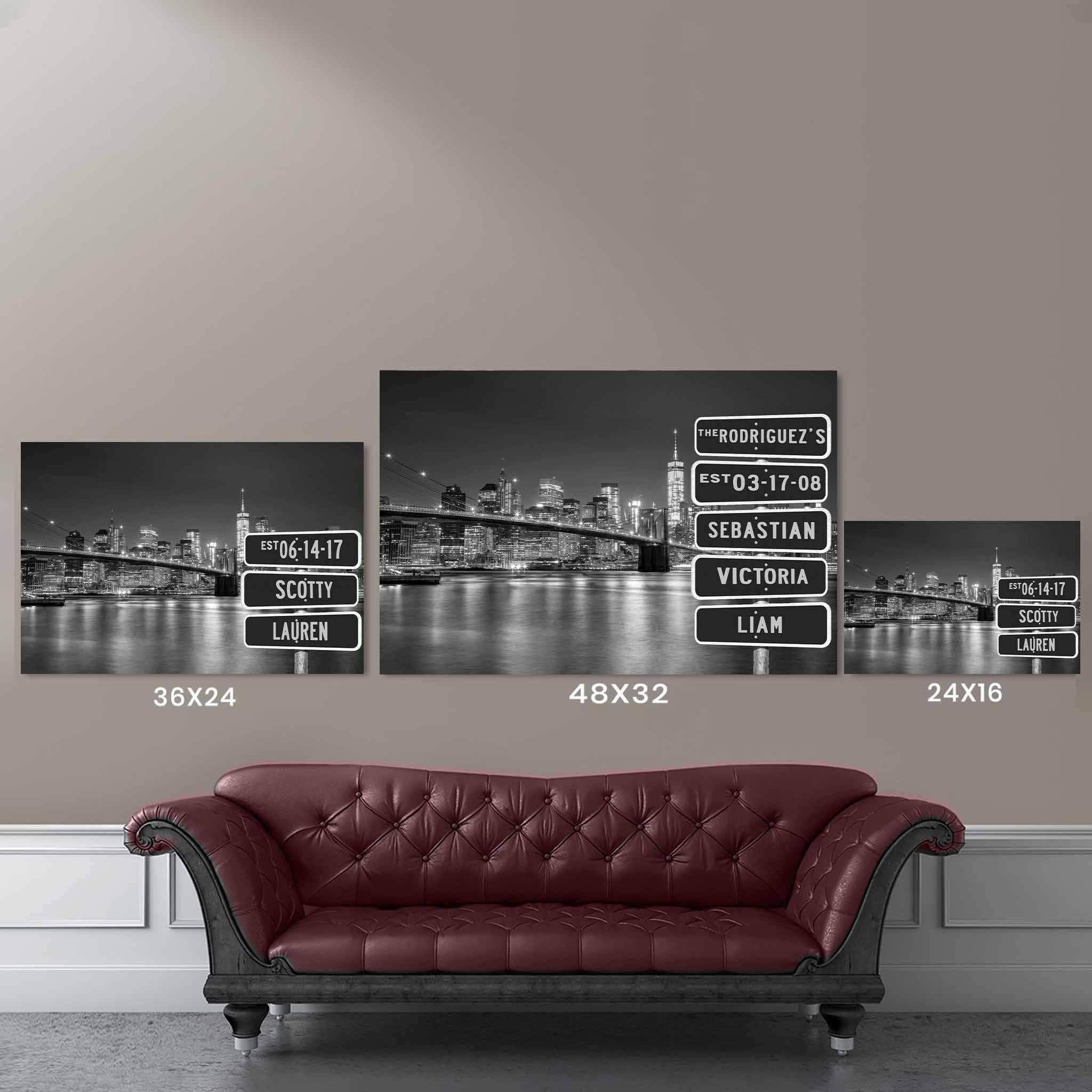New York Manhattan Brooklyn Bridge Night Skyline B&W Multiple Names Personalized Street Sign CanvasCustomly Gifts